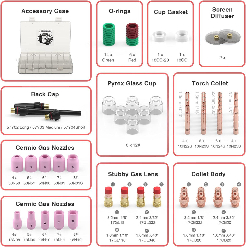 71Pcs TIG Welding Torch Stubby Gas Lens #12 Glass Cup Kit for WP-17/18/26